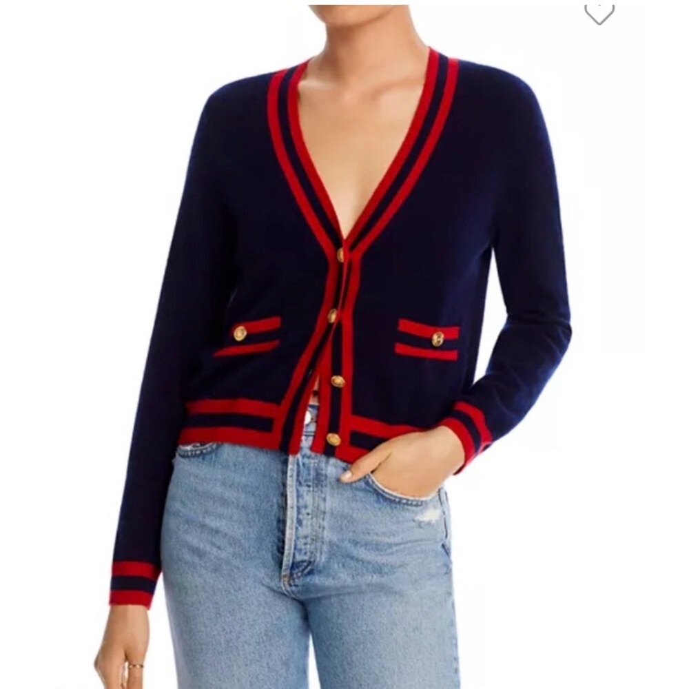 AQUA Cashmere Stripe Trim Novelty gold Button Cardigan Sweater XXL Navy Red
